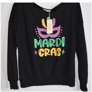 NEW Rashpop Mardi Gras Graphic Sweatshirt Mask Feathers Black Pullover M